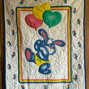 Vintage Bunny Baby Quilt – Heart Balloons – Handmade Style – 34x41 Blanket Nurse